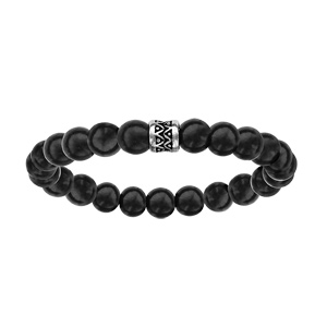 Bracelet en acier élastique perles en bois noir motif patiné