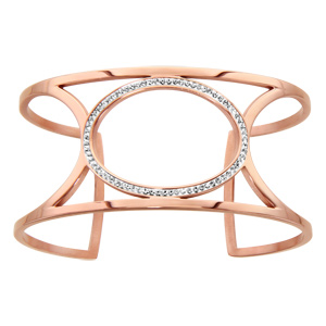Bracelet en acier et PVD rose manchette empierré sur ovale ajouré