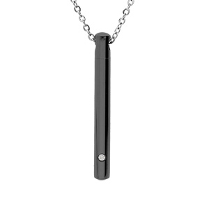 Collier en acier et PVD noir chaîne avec pendentif « porte poudre » dévissable et oxyde blanc 45+5cm haut 4,50 cm