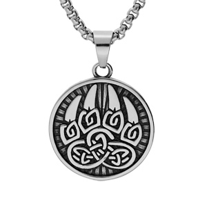 Collier en acier chaîne avec pendentif patiné rond Viking 38mm motif pate d’ours 52+5cm