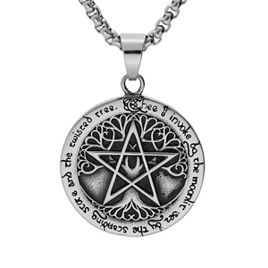 Collier en acier chaîne avec pendentif patiné rond Viking 39mm motif arbre de vie et étoile 52+5cm