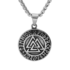 Collier en acier chaîne avec pendentif patiné rond Viking 37mm symbole mythologie nordique 52+5cm