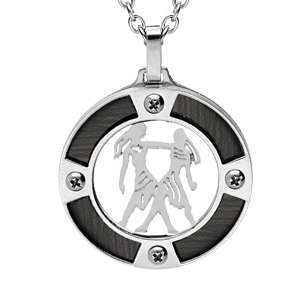 Collier en acier chaîne avec pendentif rond zodiaque Gémeaux aspect bois noir et vis cruciforme 50+5