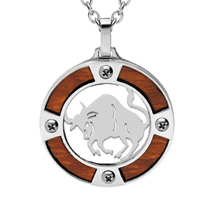 Collier en acier chaîne avec pendentif rond zodiaque Taureau aspect bois clair et vis cruciforme 50+