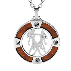 Collier en acier chaîne avec pendentif rond zodiaque Gémeaux aspect bois clair et vis cruciforme 50+