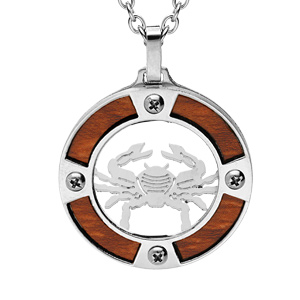 Collier en acier chaîne avec pendentif rond zodiaque Cancer aspect bois clair et vis cruciforme 50+5