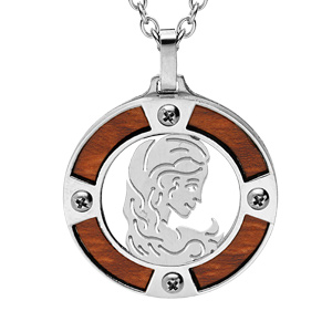 Collier en acier chaîne avec pendentif rond zodiaque Vierge aspect bois marron et vis cruciforme 50+5cm
