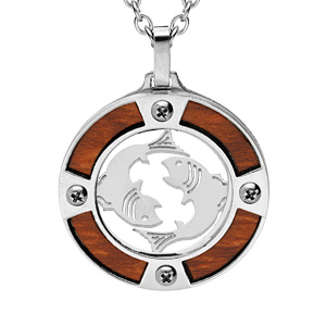 Collier en acier chaîne avec pendentif rond zodiaque Poissons aspect bois clair et vis cruciforme 50+5cm