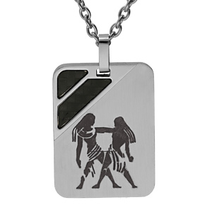 Collier en acier chaîne avec pendentif rectangulaire zodiaque Gémeaux 50+5cm