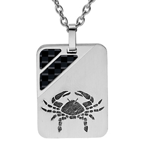 Collier en acier chaîne avec pendentif rectangulaire zodiaque Cancer 2 bandes carbone 50+5cm