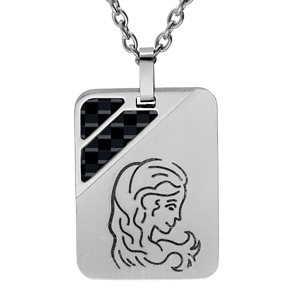 Collier en acier chaîne avec pendentif rectangulaire zodiaque Vierge 2 bandes carbone 50+5cm
