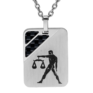Collier en acier chaîne avec pendentif rectangulaire zodiaque Balance 2 bandes carbone 50+5cm