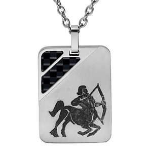 Collier en acier chaîne avec pendentif rectangulaire zodiaque Sagittaire 2 bandes carbone 50+5cm