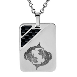 Collier en acier chaîne avec pendentif rectangulaire zodiaque Poissons 2 bandes carbone 50+5cm