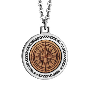 Collier en acier avec pendentif en bois motif boussole 50+5cm