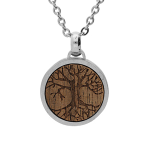 Collier en acier chaîne avec pendentif centre bois motif arbre de vie 50+5cm