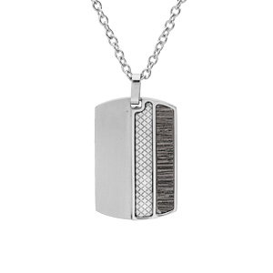 Collier en acier chaîne avec pendentif rectangulaire motif croisillons et bande aspect bois 50+5cm