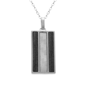 Collier en acier chaîne avec pendentif rectangulaire motif croisillons et PVD noir 50+5cm