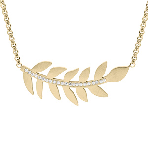 Collier en acier et PVD jaune chaîne avec feuillage et cristaux 42+4cm