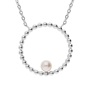 Collier en acier chaîne avec pendentif rond boule avec perle de synthèse blanche 45+5cm