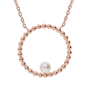 Collier en acier et PVD rose pendentif rond boule avec perle de synthèse blanche 45+5cm