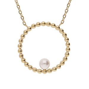 Collier en acier et PVD jaune pendentif rond boule avec perle de synthèse blanche 45+5cm