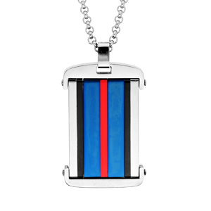 Collier en acier chaîne avec Pendentif rectangulaire bleu et noir avec 1 bande rouge 50+5cm