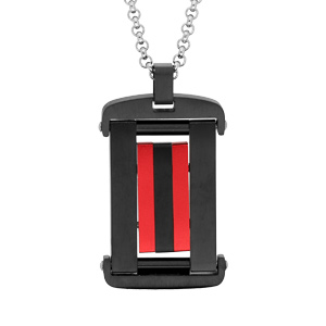 Collier en acier chaîne avec Pendentif rectangulaire noir et 2 bandes rouges aluminium 50+5cm