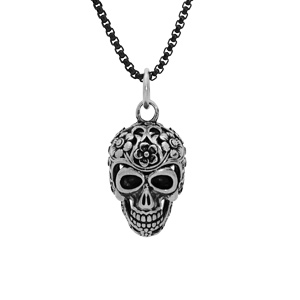 Collier en acier patiné chaîne avec pendentif tête de mort 55+10cm