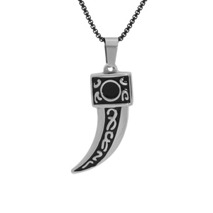 Collier en acier patiné chaîne avec pendentif dent de requin motif noir 55+10cm