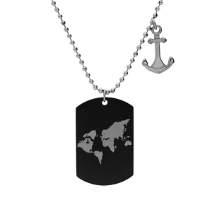 Collier en acier chaîne avec pendentif ancre et plaque PVD noir militaire motif monde 55+10cm
