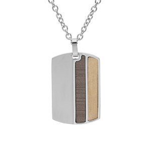 Collier en acier chaîne avec pendentif rectangulaire 2 bandes verticales et aspect tons bois 50+5cm
