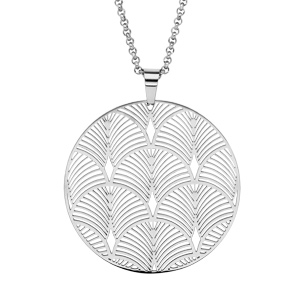 Collier en acier chaîne avec pendentif rond motif « plume de paons » 42+4cm