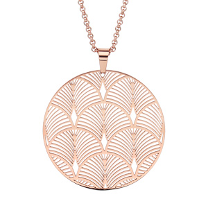 Collier en acier et PVD rose chaîne avec pendentif rond motif plume de paons 42+4cm