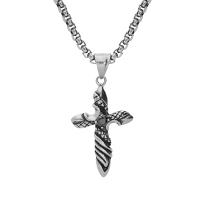 Collier en acier patiné chaîne avec pendentif croix et oxyde noir serti 50+10cm