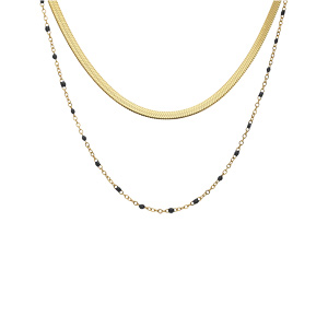 Collier en acier et PVD jaune 2 rangs maille plate et chaînette avec olives noire 37+5cm