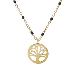 Collier en acier et PVD jaune chaîne avec pendentif arbre de vie et olives couleur noire 40+5cm
