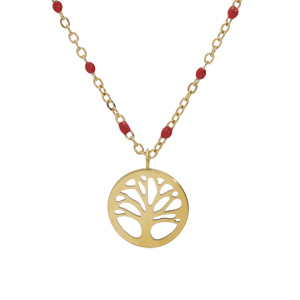 Collier en acier et PVD jaune chaîne avec pendentif arbre de vie et olives couleur rouge 40+5cm