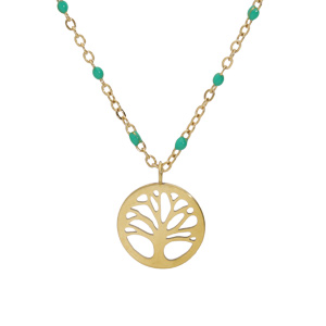Collier en acier et PVD jaune chaîne avec pendentif arbre de vie et olives couleur turquoise de synt