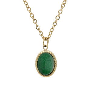 Collier en acier et PVD jaune chaîne avec pendentif cabochon couleur vert 40+5cm