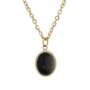 Collier en acier et PVD jaune chaîne avec pendentif cabochon couleur noir 40+5cm