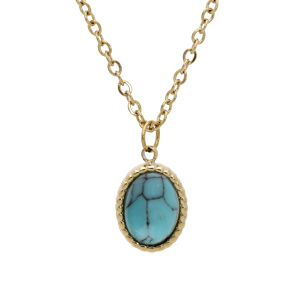 Collier en acier et PVD jaune chaîne avec pendentif cabochon turquoise de synthèse 40+5cm