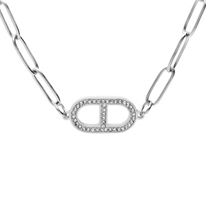 Collier en acier mailles rectangulaires et gros maillon marine avec oxydes blancs sertis 41+4cm