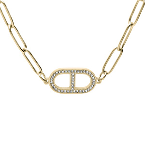 Collier en acier et PVD jaune mailles rectangulaires et gros maillon marine avec oxydes blancs sertis 41+4cm