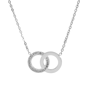 Collier en acier chaîne avec 2 cercles entrelacés 1 lisse et 1 avec oxydes blancs 40+5cm