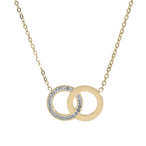 Collier en acier PVD jaune chaîne avec 2 cercles entrelacés 1 lisse et 1 avec oxydes blancs 40+5cm