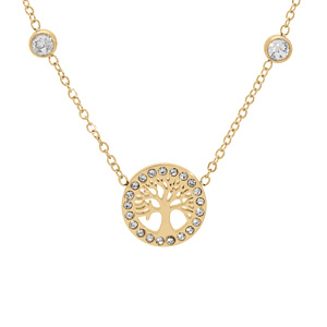 Collier en acier et PVD jaune avec infini, arbre de vie et oxydes blancs sertis 41+5cm