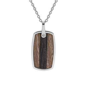 Collier en acier chaîne avec pendentif rectangulaire dim 35×20 mm aspect bois marron et noir au centre longueur 55+5cm