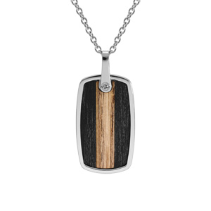 Collier en acier chaîne avec pendentif rectangulaire dim 35x20 mm aspect bois noir et marron clair l