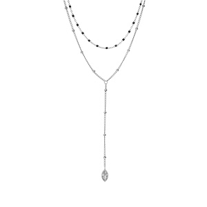 Collier en acier double chaîne avec chaîne en Y boules et oxyde blanc serti et chaîne avec olives couleur noire 40+5cm